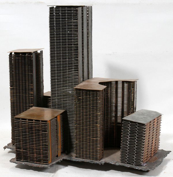ALBERT GUIBARA METAL SCULPTURE, 11" X 12" X 11": ALBERT GUIBARA, METAL SCULPTURE, 11" X 12" X 11", 'COPPER SKYLINE': AMERICAN CONTEMPORARY:No apparent markings.
