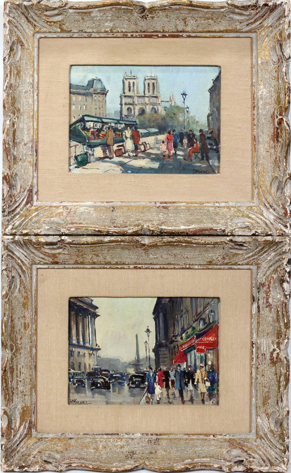 ALPHONSE MICHEL, OILS ON CANVAS, PAIR, 8" X 10": ALPHONSE MICHEL, OILS ON CANVAS, PAIR, 8" X 10", STREET SCENES: FRENCH B. 1911:Signed (lower right and lower left); antiqued frames.
