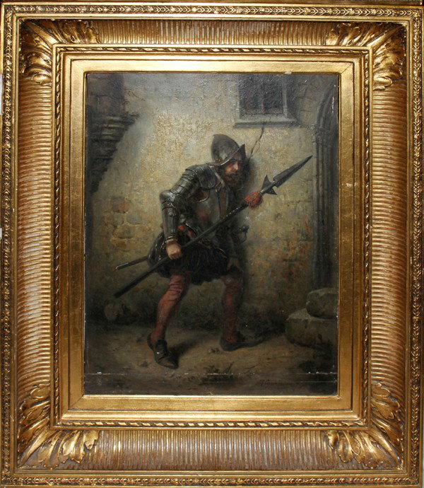 OIL ON WOOD 16" X 12 1/2" GUARD IN ARMOR: OIL ON WOOD 16" X 12 1/2" GUARD IN ARMOR:Depicting a guard in armor who looks to be on patrol. Signed in lower right, but is signed on added pieces of board. Signature reads "M. Cossmann". The signatu