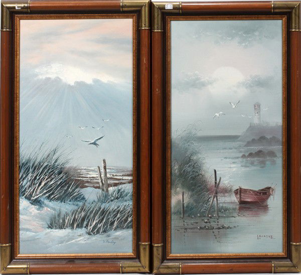 DECORATIVE MODERN OILS ON CANVAS, 2,: DECORATIVE MODERN OILS ON CANVAS, 2, ONE BY S. FARLEY & ONE BY LACOSTE, 24" X 12", MARSH COASTLINES:C. 2000; each signed lower right; framed.