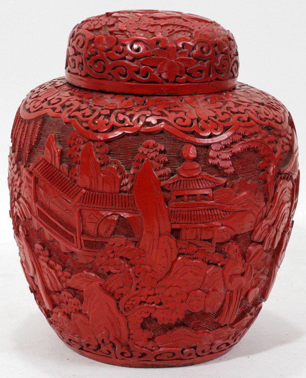 CHINESE CINNABAR GINGER JAR, H 7 1/2", DIA 6": CHINESE CINNABAR GINGER JAR, H 7 1/2", DIA 6":With flower and scroll motifs containing an exterior scene, with figures in various pursuits.