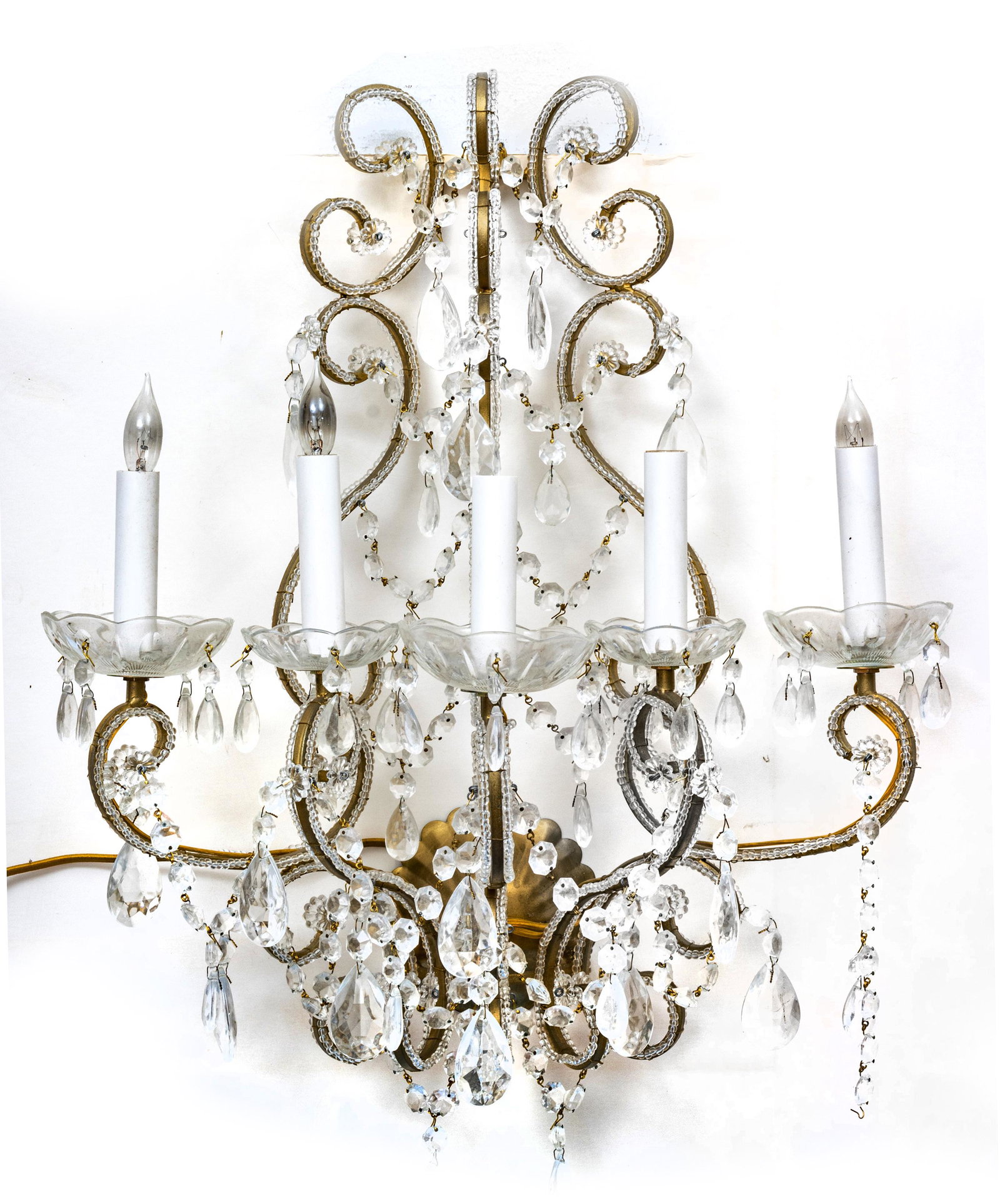 Maria Theresa Style Gilt Bronze & Crystal Sconce, H 21", W 20": Maria Theresa Style Gilt Bronze & Crystal Sconce, H 21", W 20" An Electrified Maria Theresa Style Gilded Bronze Wall Sconce. Embellished With Crystal Prisms And Threading With Etched Bobeches. Depth 1