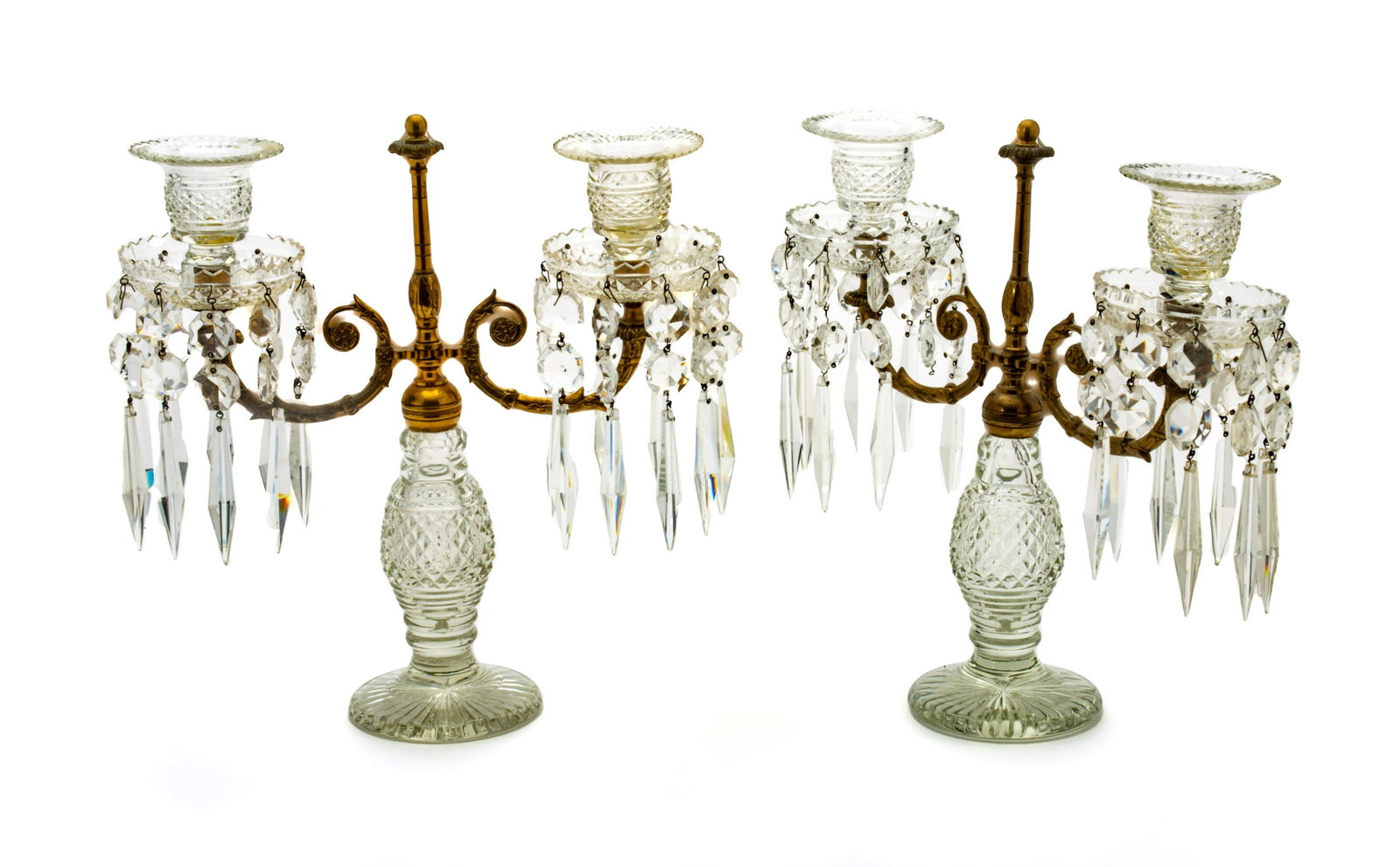 Regency Style Pair Of Crystal And Bronze Two Light Candelabra H 12.25'' L 11.75'' Depth 4'': Regency Style Pair Of Crystal And Bronze Two Light Candelabra H 12.25'' L 11.75'' Depth 4'' Fine hand and deep cut brilliant crystal. Probably English or Irish made. Provenance: From a Lathrop Village