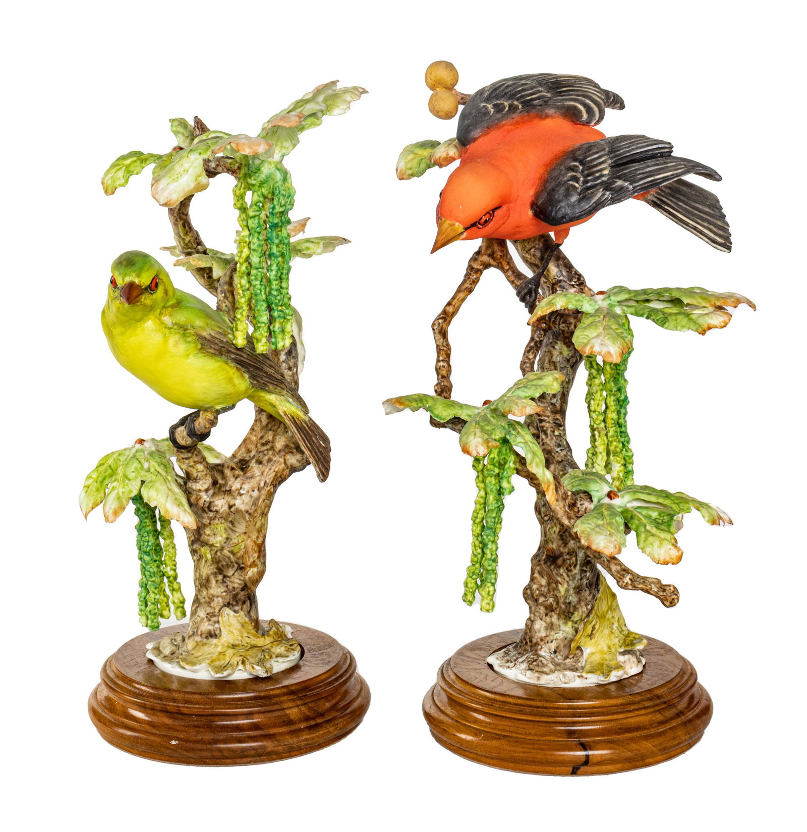 Dorothy Doughty For Royal Worcester Bisque Limited Edition Figures "Scarlet Tanagers", H 14'' W 11'': Dorothy Doughty For Royal Worcester Bisque Limited Edition Figures "Scarlet Tanagers", H 14'' W 11'' 2 pcs Cock and hen. Made in England. Numbered 3 and 3A. H 11", W 5-6", D 6"-6.5". Both on wooden ba