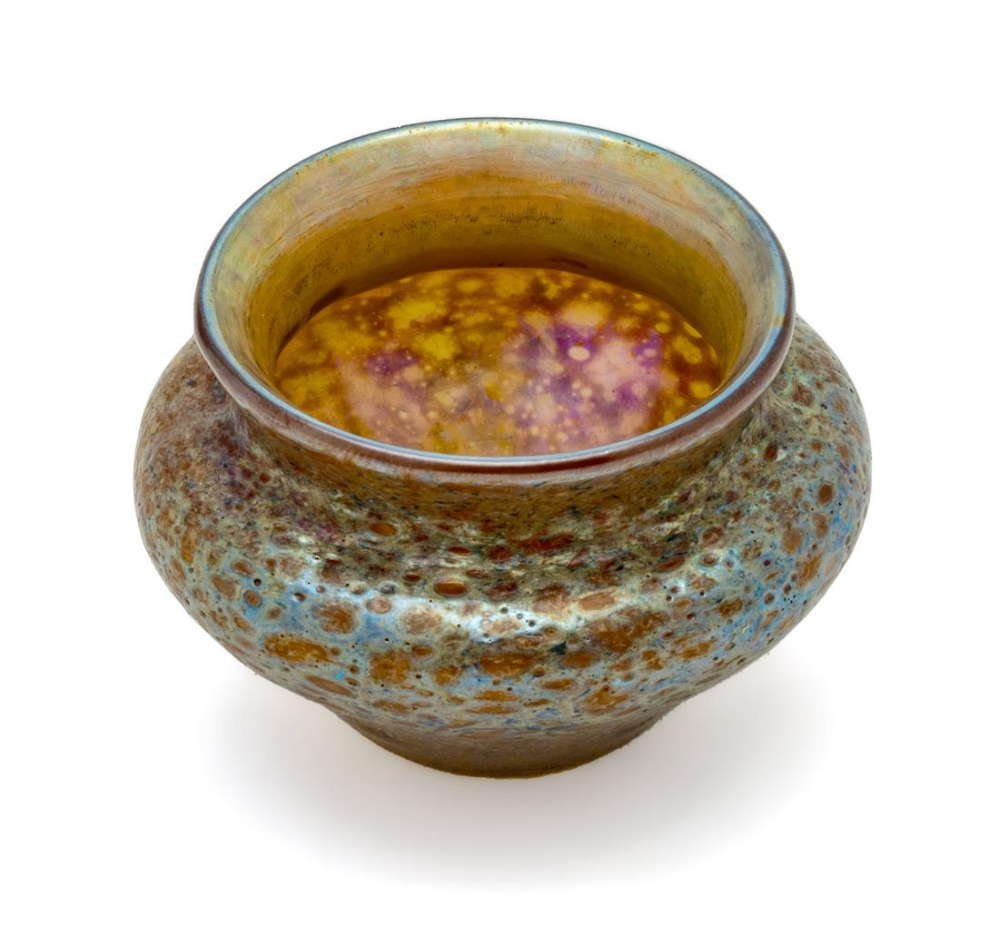 Tiffany Studios (American, 1878-1938) Tiffany Favrile Iridescent Small Bowl H 1.75'' Dia. 2.5'': Tiffany Studios (American, 1878-1938) Tiffany Favrile Iridescent Small Bowl H 1.75'' Dia. 2.5'' Label affixed to underside. Marked L. C. Tiffany Favrile 1202N on underside. Bowl has an orange gold bas