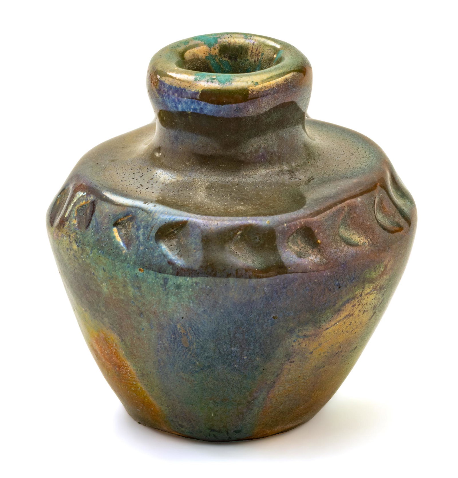 Pewabic Pottery (American, 1903) Iridescent Glazed Bud Vase H 2.25'' Dia. 2.5'': Pewabic Pottery (American, 1903) Iridescent Glazed Bud Vase H 2.25'' Dia. 2.5'' Bears original Pewabic Detroit paper label affixed to the underside dating the work between 1908-1967.