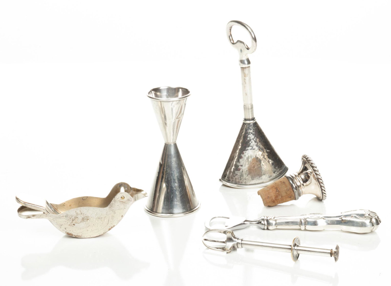 Silver Plate Bar Ware 5 pcs: Silver Plate Bar Ware 5 pcs Sterling handle bottle opener, silver plate bird form lemon squeezer, silver plate funnel with opener, silver plate bottle stopper (cork as is)