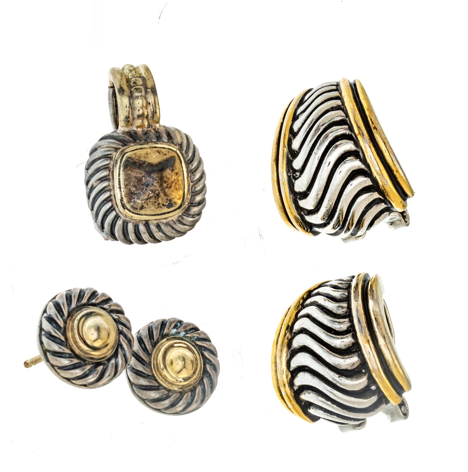 David Yurman 18K Gold And Sterling Earrings (2 Pairs) And Pendant: David Yurman 18K Gold And Sterling Earrings (2 Pairs) And Pendant One pair clip earrings, one pair pierced earrings. One pendant inset with citrine. 25 grams.