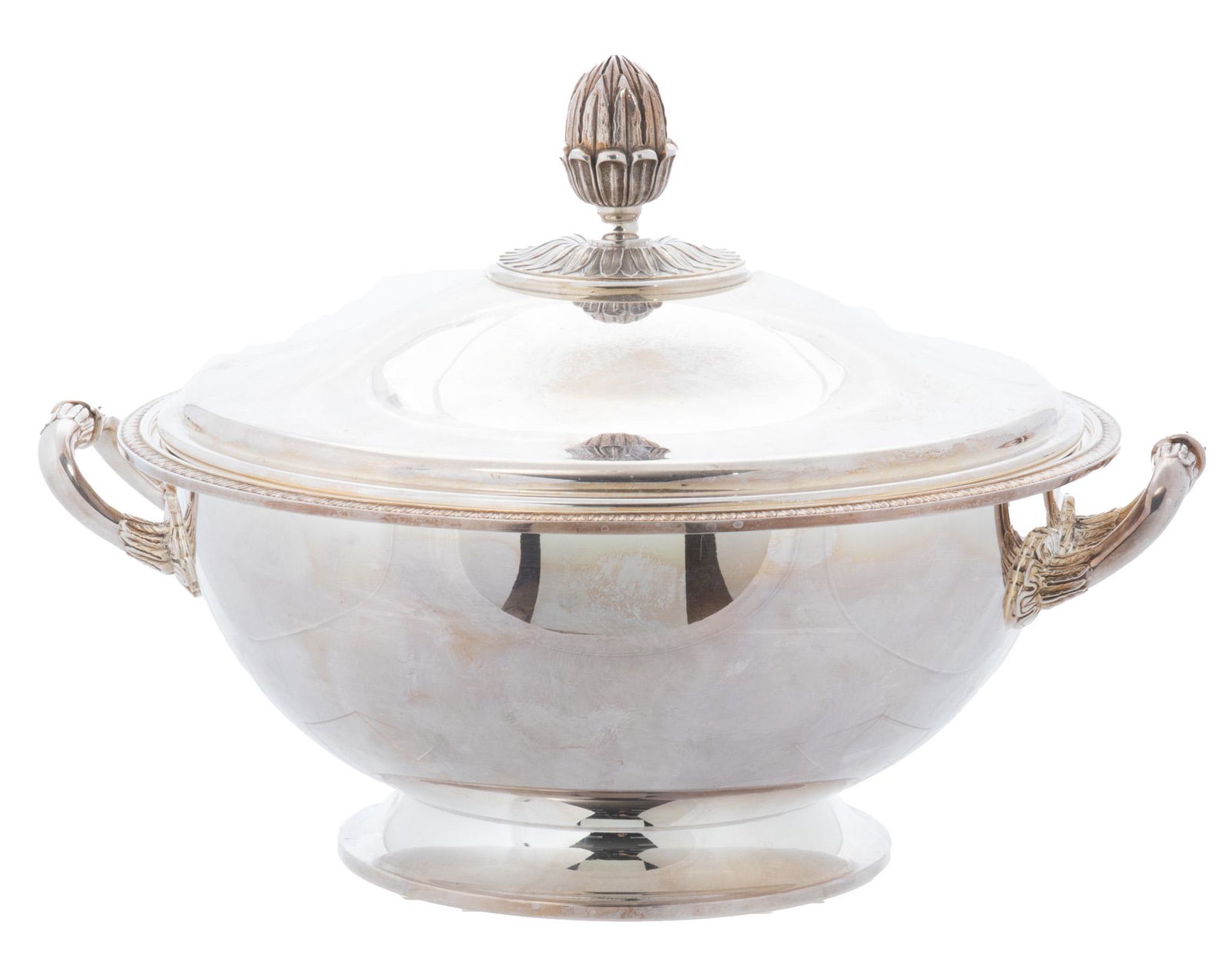 Christofle (French, 1830) Silver-plated Malmaison Covered Tureen, H 9'' L 12'': Christofle (French, 1830) Silver-plated Malmaison Covered Tureen, H 9'' L 12'' Marked on underside. Palm leaf border. Palm leaf finial. Short pedestal base. Provenance: From a Lathrop Village, Michiga