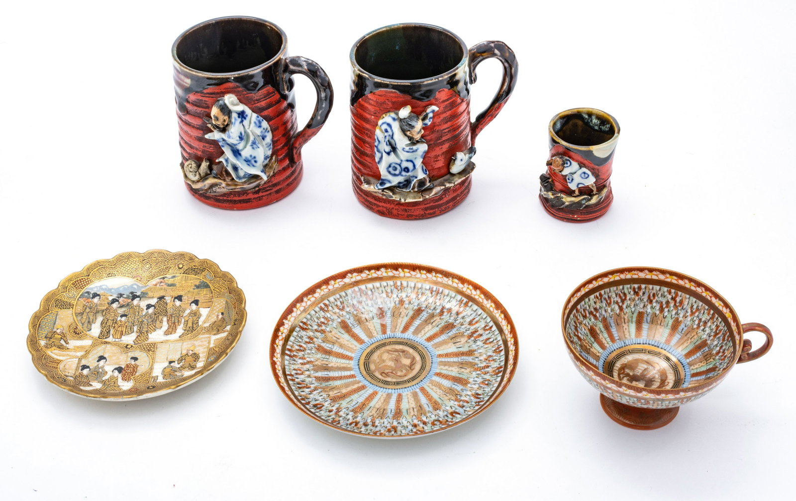 Japanese Sat Suma Signed Plate & Kutani Cup And Saucer Also Sumida Gawa Ware Mugs 5 pcs: Japanese Sat Suma Signed Plate & Kutani Cup And Saucer Also Sumida Gawa Ware Mugs 5 pcs Sat Suma 4.7" dia. fine 19th. c. example of signed superior works. Also Kutani porcelain pedestal cup and saucer