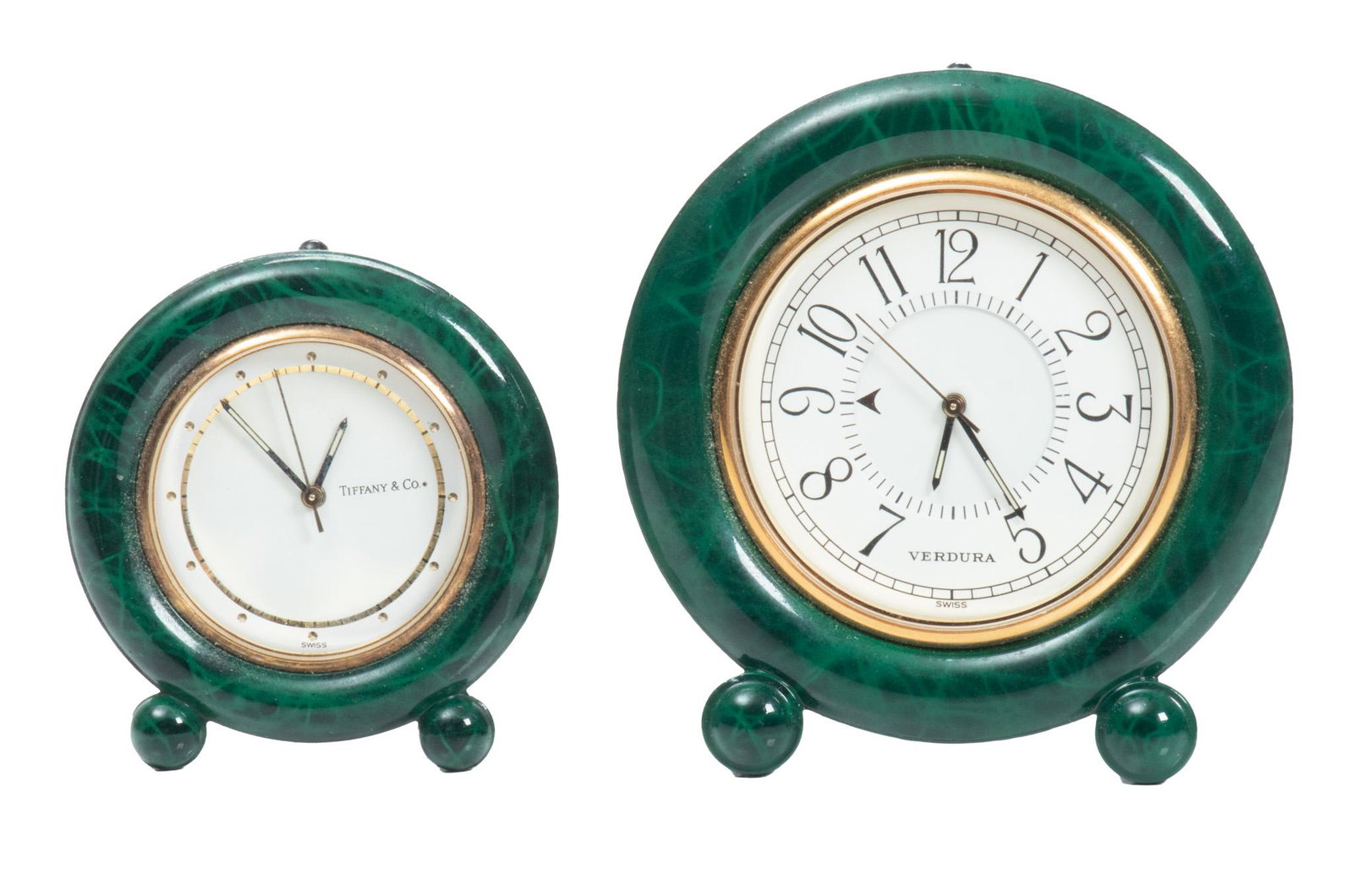 Verdura And Tiffany & Co. Jade Clocks, Swiss Made H 2.5'': Verdura And Tiffany & Co. Jade Clocks, Swiss Made H 2.5'' 1.5-2.25". Works made in Switzerland. Verdura (Duke Fulco di Verdura) of Sicilian aristocracy, born in 1898, began his extraordinary career in