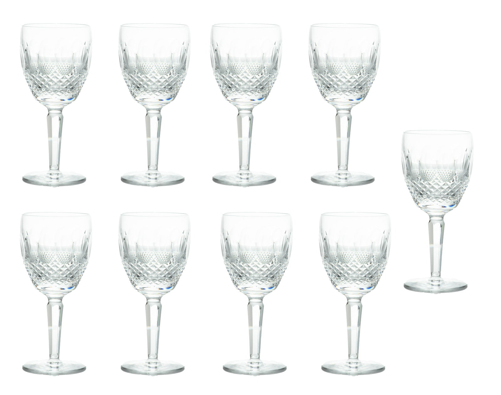 Waterford (Irish, 1783) Colleen Cut Crystal Claret Glasses, H 7'' Dia. 3'' 9 pcs: Waterford (Irish, 1783) Colleen Cut Crystal Claret Glasses, H 7'' Dia. 3'' 9 pcs A collection of nine Waterford 'Colleen' cut crystal claret wine glasses. Each bearing signature acid etched branding t