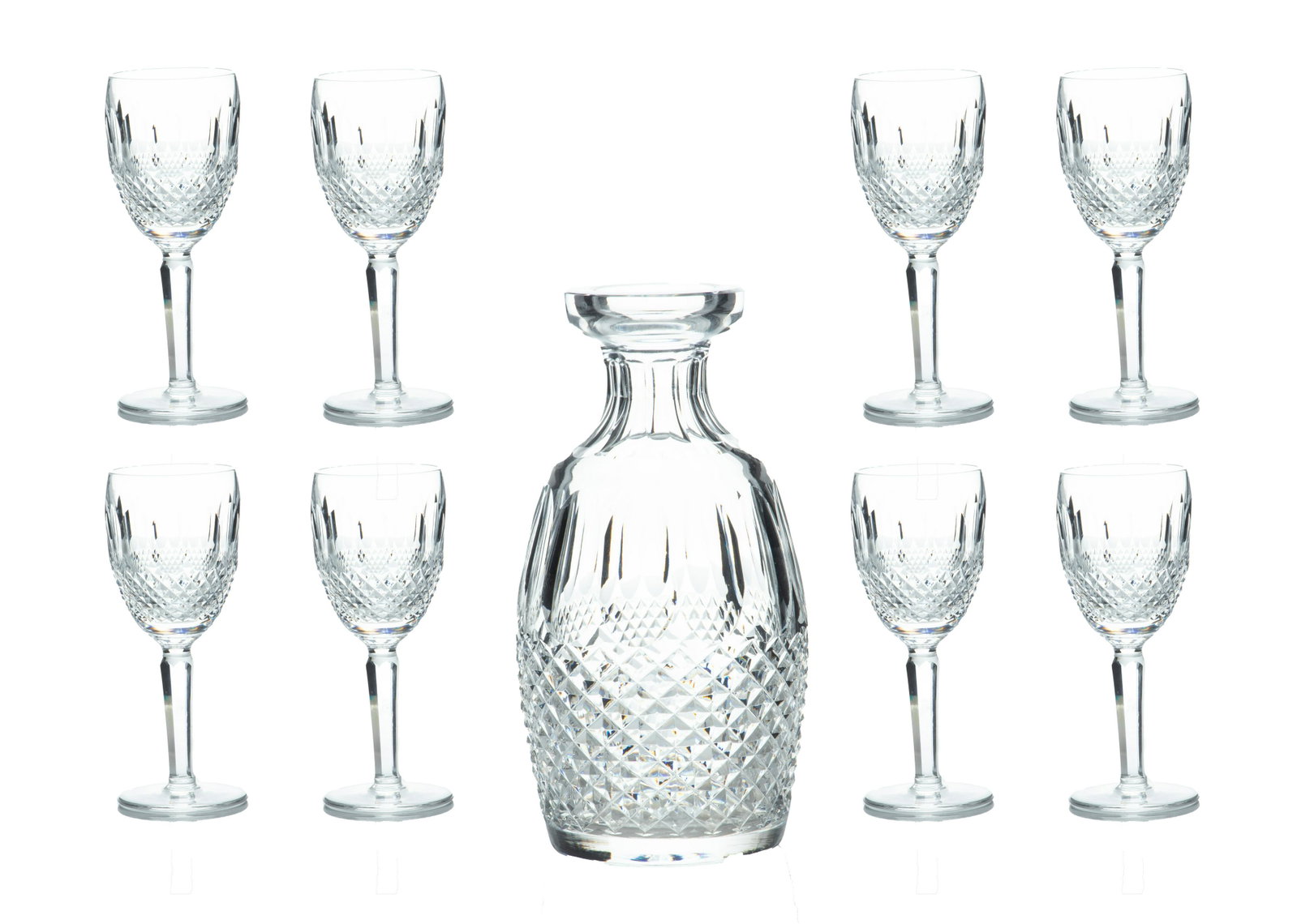 Waterford (Irish, 1783) Colleen Cut Crystal Wine Glasses & Decanter, H 6.5'' Dia. 2.5'' 9 pcs: Waterford (Irish, 1783) Colleen Cut Crystal Wine Glasses & Decanter, H 6.5'' Dia. 2.5'' 9 pcs A collection of eight Waterford 'Colleen' cut crystal wine glasses with matching decanter. The decanter me