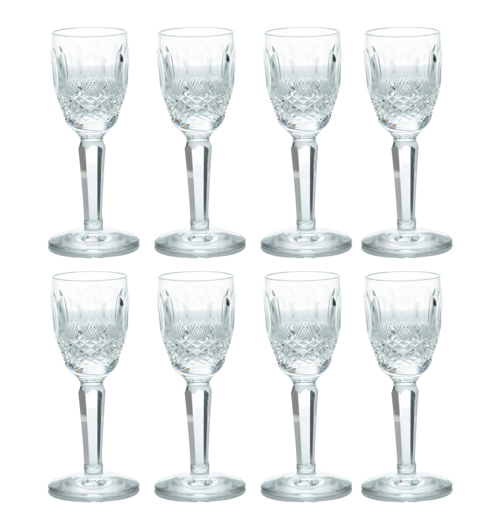 Waterford (Irish, 1783) Colleen Cut Crystal Cordial Glasses, H 4'' Dia. 1.5'' 8 pcs: Waterford (Irish, 1783) Colleen Cut Crystal Cordial Glasses, H 4'' Dia. 1.5'' 8 pcs A collection of eight Waterford 'Colleen' cut crystal cordial glasses. Each bearing signature acid etched branding t