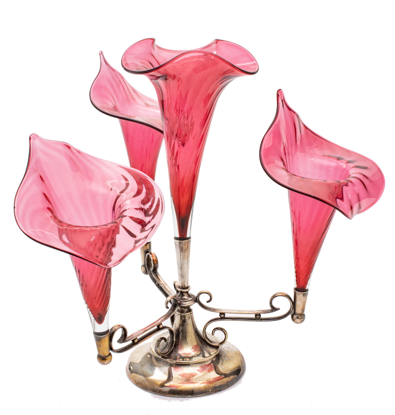 Cranberry Glass And Silver Plated Epergne, 1870, H 14'' W 17'': Cranberry Glass And Silver Plated Epergne, 1870, H 14'' W 17'' Having four hand blown cranberry jack-in-the-pulpit vases.Provenance: From a Lathrop Village, Michigan collector.