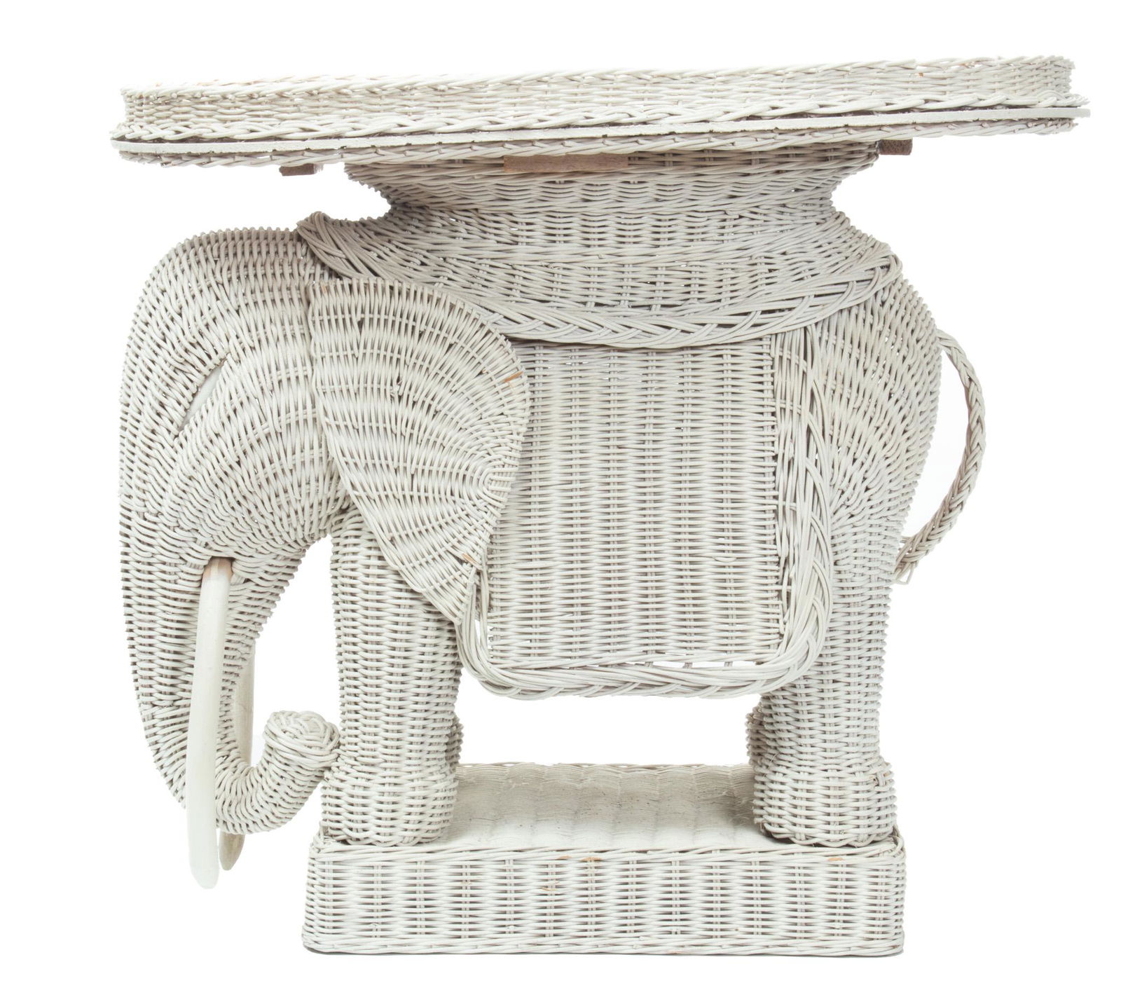 Wicker Elephant Form , Tray Top Table C. 1950, H 21'' W 15'' L 23'': Wicker Elephant Form , Tray Top Table C. 1950, H 21'' W 15'' L 23'' Painted white.