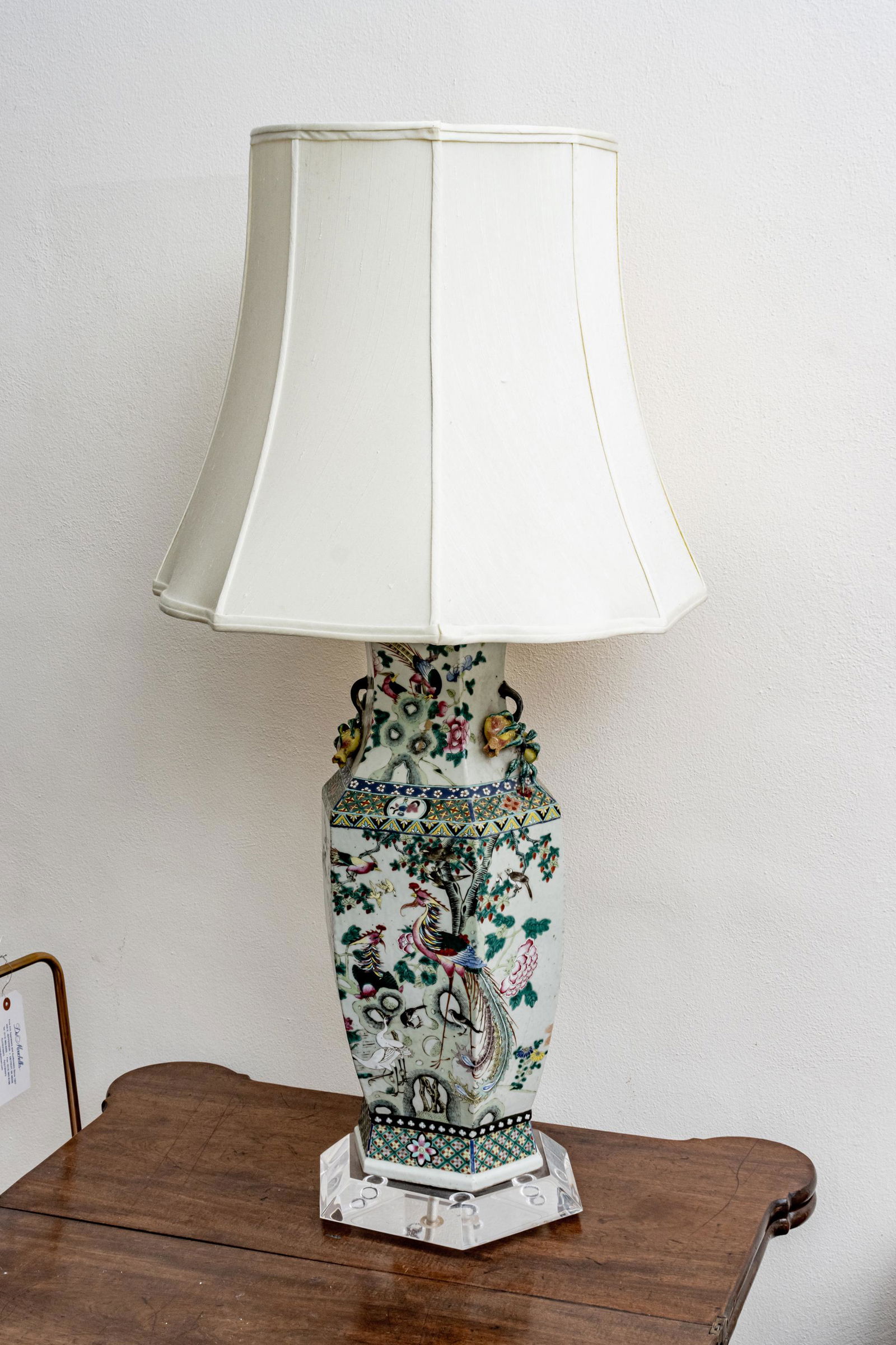 Antique Chinese Famille Verte, Hexagonal Porcelain Vase (Converted To Table Lamp), Mid 19Th Century,: Antique Chinese Famille Verte, Hexagonal Porcelain Vase (Converted To Table Lamp), Mid 19Th Century, H 40.5" Dia 10" Hand Painted Enamel, Bird In Landscape Scene, Double Handles, High Relief Elements.