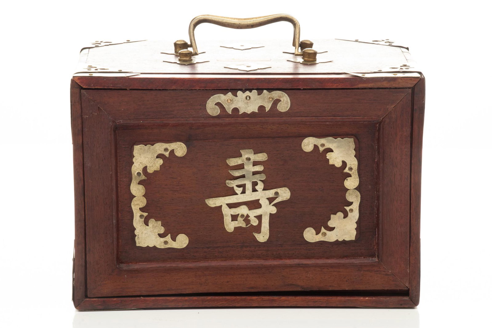Chinese Mahjong Game Set In Box H 6.5'' W 11'': Chinese Mahjong Game Set In Box H 6.5'' W 11'' Front panel slides up. 5 drawers with bone rectangles. Brass corner mounts and drawer pulls.
