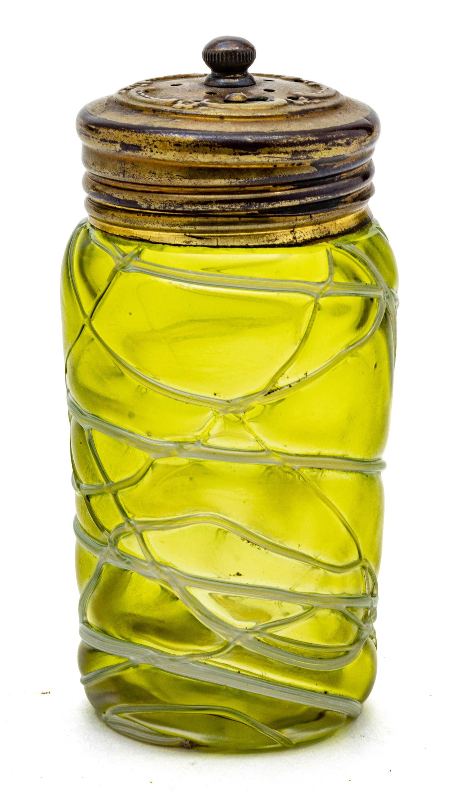 Loetz Quality Art Glass Shaker With Metal Lid, H 3.5'' Dia. 2'': Loetz Quality Art Glass Shaker With Metal Lid, H 3.5'' Dia. 2'' Provenance: From a Lathrop Village, Michigan collector.