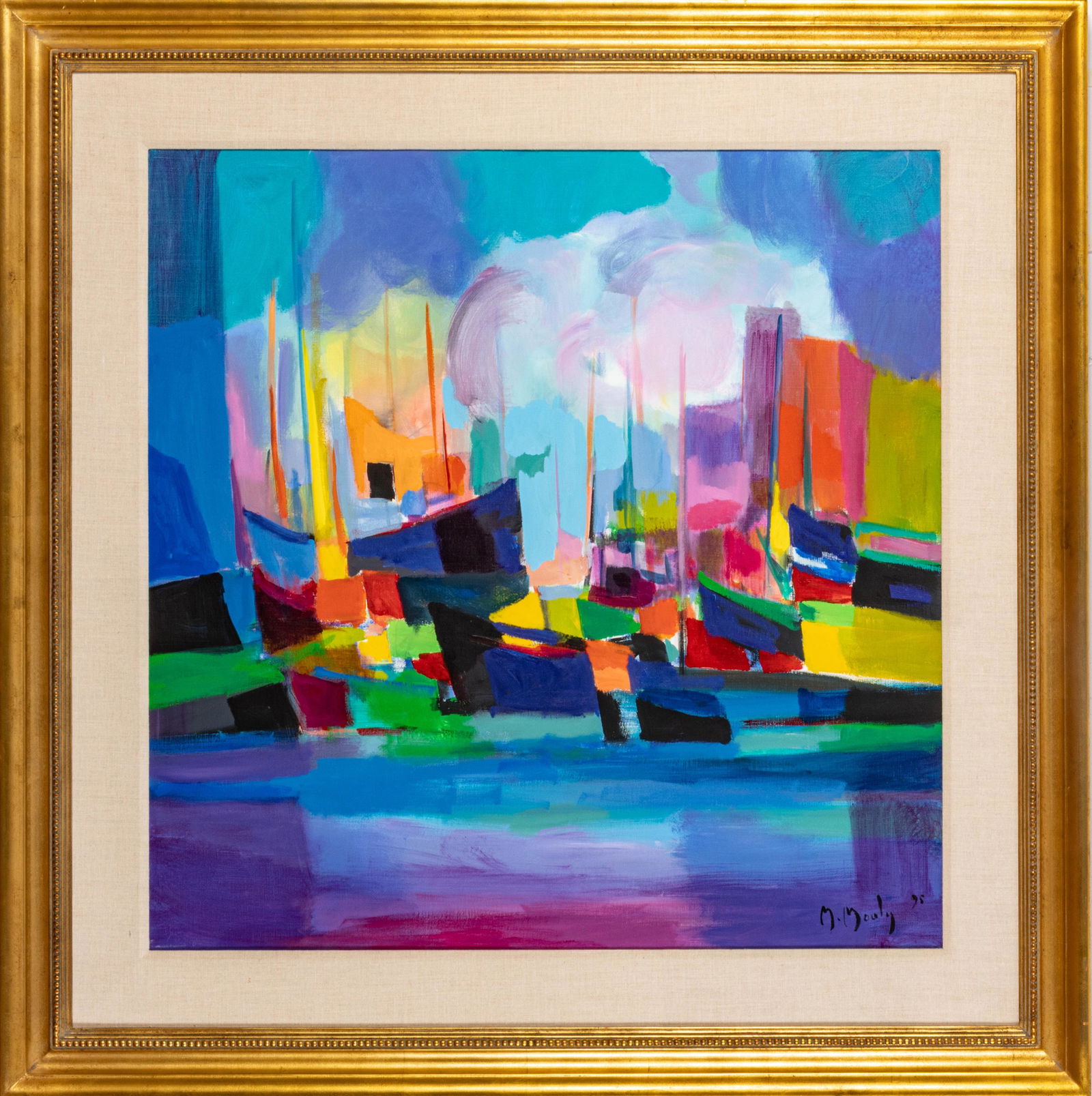 Marcel Mouly (France, 1918-2008) Acrylic On Canvas, C. 1998, Les Cognes Pourpres, H 38.5'' W 38.75'': Marcel Mouly (France, 1918-2008) Acrylic On Canvas, C. 1998, Les Cognes Pourpres, H 38.5'' W 38.75'' An acrylic on canvas titled "Les Cognes Pourpres" by Marcel Mouly. Artist's signature and date to t