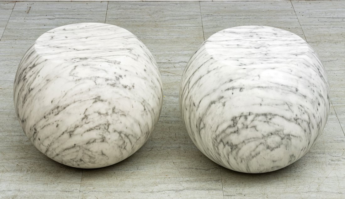 Cappellini (Co.) (Italian) By Giulio Cappellini Bong End Tables Pair: Cappellini (Co.) (Italian) By Giulio Cappellini Bong End Tables Pair White carrara faux marble, made of fiberglass with a hollow core. All proceeds from this consignor, Dante Alighieri Society of Mich