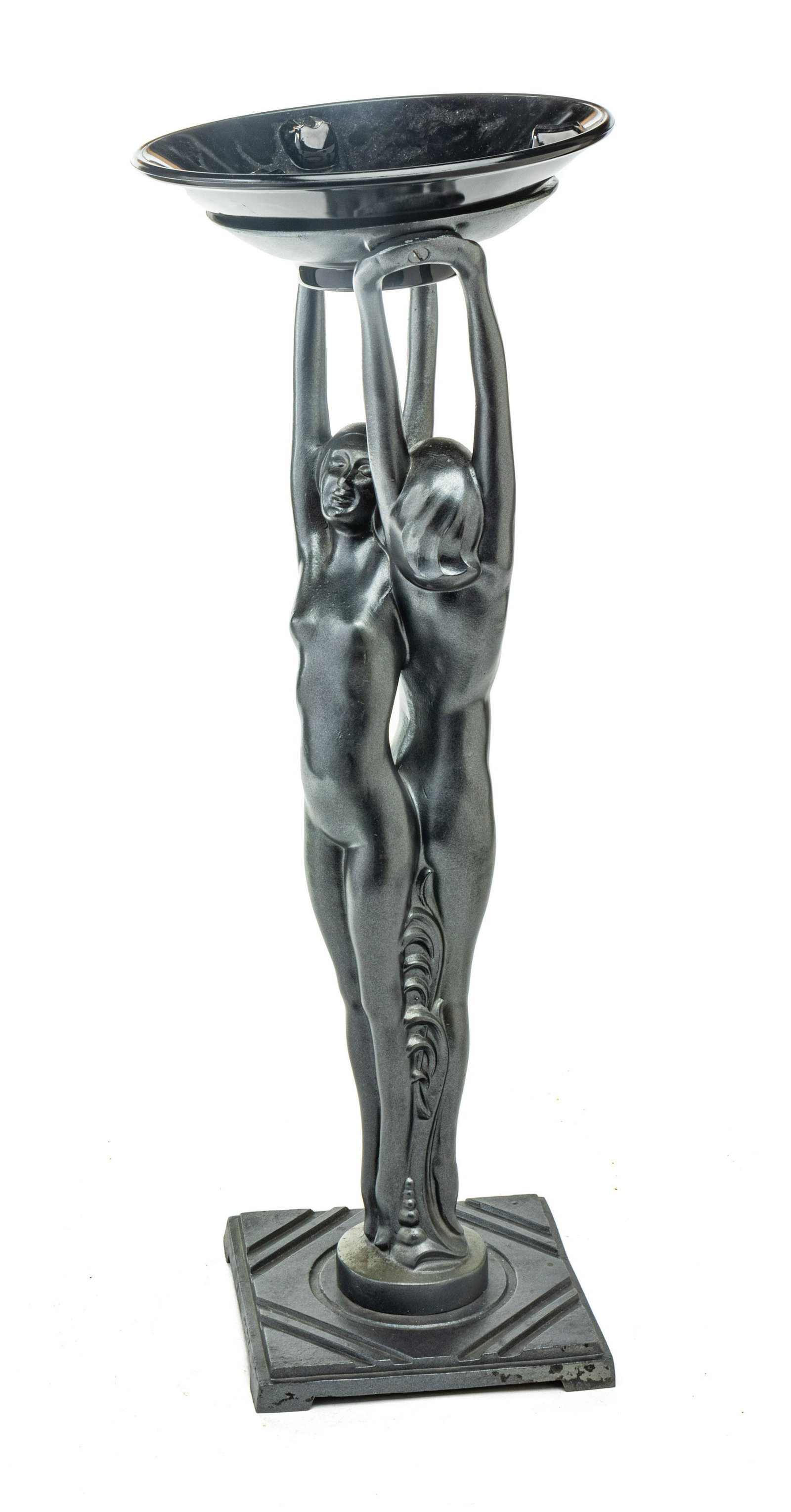 Frankart Inc. (American) Art Deco Metal Smoking Stand, Two Nude Females, H 25'' W 7.25'' Depth: Frankart Inc. (American) Art Deco Metal Smoking Stand, Two Nude Females, H 25'' W 7.25'' Depth 7.25'' Marked front right corner and numbered "PAT. D.F.S. 30059" front right corner. With black glass re