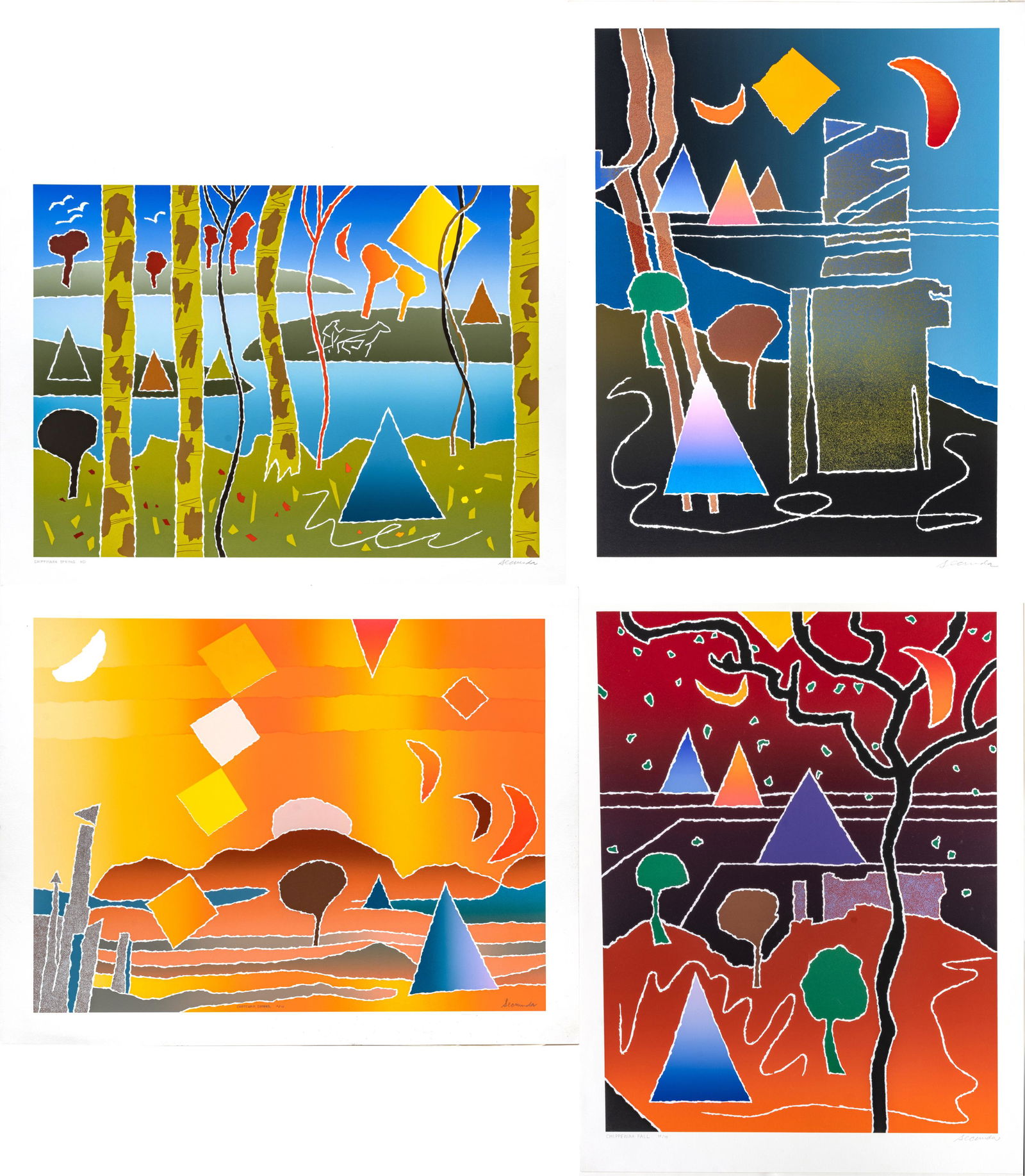 Arthur Secunda (American, 1927) Serigraphs On Wove Paper, Chippewa Seasons, Group Of Four Works, H: Arthur Secunda (American, 1927) Serigraphs On Wove Paper, Chippewa Seasons, Group Of Four Works, H 25.75'' W 19.75'' Unframed. Chippewa Spring HC, Chippewa Winter #53/75, Chippewa Fall 39/75, Chippewa