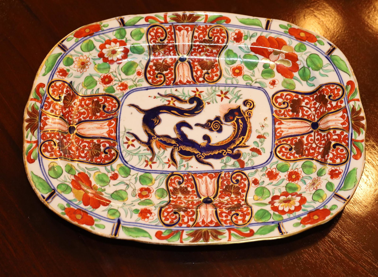 Ironstone, English Porcelain Platter, 1840 W 10.25", L 13.5": Ironstone, English Porcelain Platter, 1840 W 10.25", L 13.5" Imari Strong Colors Of Blue And Orange. From A Home On Bluff Drive, Harbor Springs, Mich.