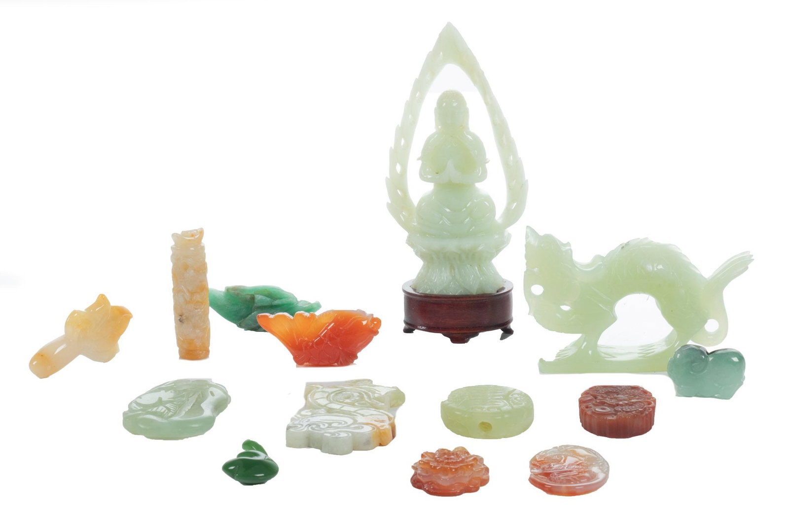 Chinese Carved Jade And Hardstones, 14 Pcs.: Chinese Carved Jade And Hardstones, 14 Pcs. Seated Budha, Dragon, Lotus, And Other Carvings.Private Collection, Bloomfield Township, Michigan.