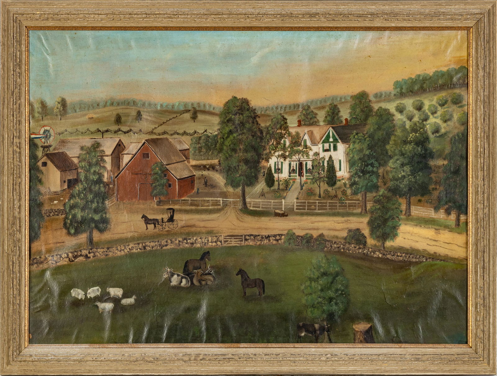 American Folk Art Oil On Canvas, C. 19th C, H 19.5'' W 30'' Rural Landscape (1 of 5)