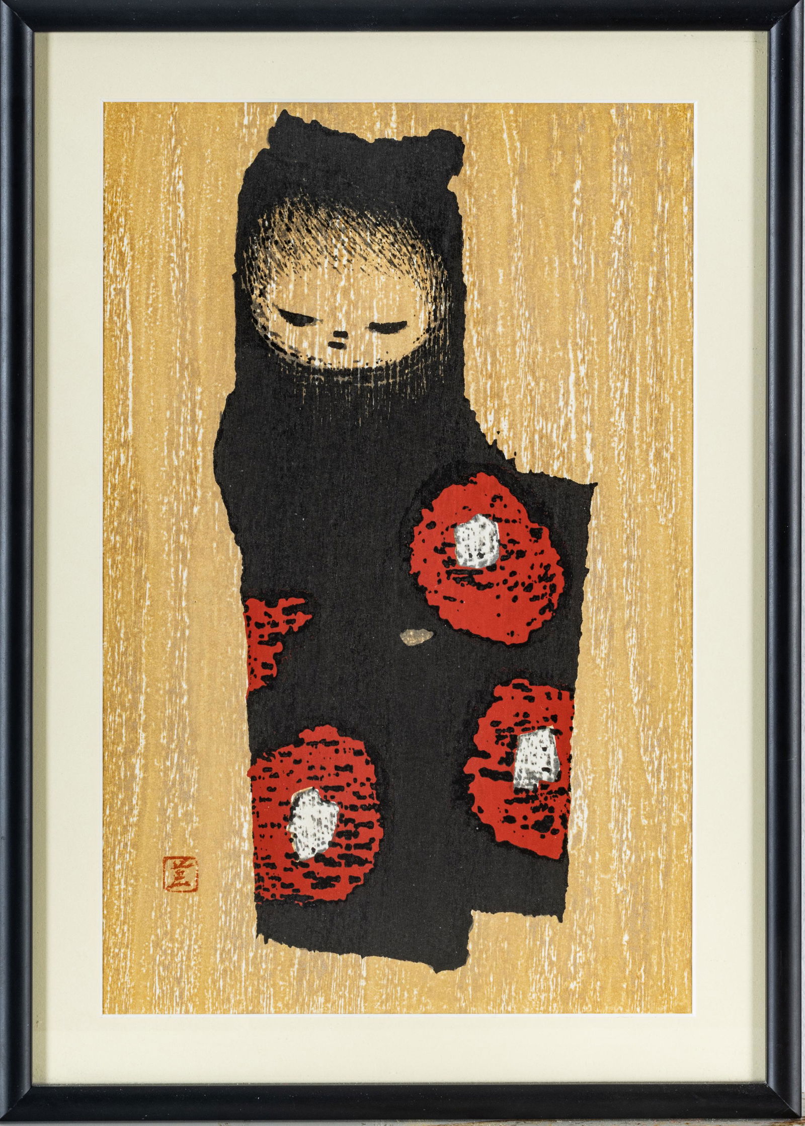 Kaoru Kawano, (Japanese 1916-1965) Woodblock Print H 14.5" W 9.5" Little Girl- Camellia (1 of 3)