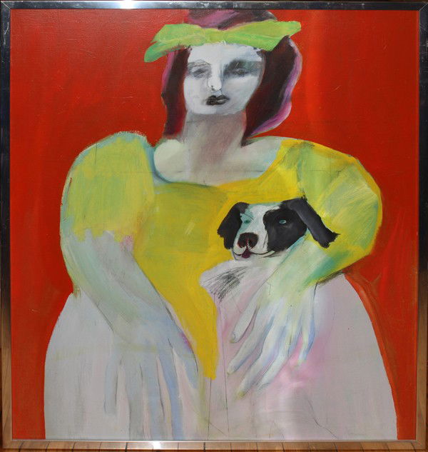 MARY SPAIN COLIE (AM 1934-1983) OIL ON CANVAS: MARY SPAIN COLIE (AM 1934-1983) OIL ON CANVAS 43" X 35" WOMAN HOLDING A BLACK & WHITE DOG:Framed.