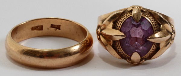 RUSSIAN ANTIQUE RINGS, TWO: RUSSIAN ANTIQUE RINGS, TWO:one a band only and the other with an oval cut amethyst, both 13.7 grams. Size 7 1/2" & 8 1/2".