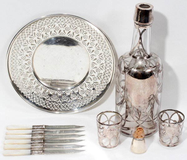 STERLING SILVER DISH, OVERLAY DECANTER, 10 PCS.: STERLING SILVER DISH, OVERLAY DECANTER, SHOT GLASSES AND DISH, 10 PCS.:includes one Old Newbury Crafters Sterling silver pierced design dish, 9" Dia.; one Sterling silver overlay decanter with stopper