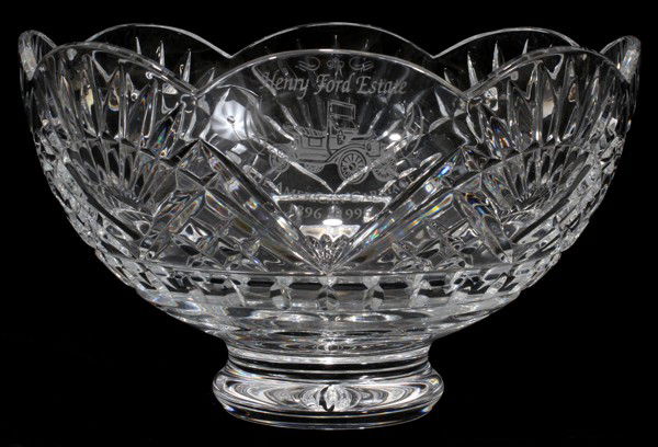 WATERFORD CRYSTAL CENTERPIECE BOWL, H 6",: WATERFORD CRYSTAL CENTERPIECE BOWL, HENRY FORD COMMEMORATIVE, H 6", DIA 10":etched on the side: a Model 'T' and 'Henry Ford Estate The American Carriage 1896-1996'; scalloped rim, fan and diamond desi