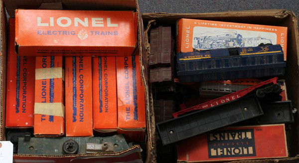 LIONEL TRAINS, PRE & POST- WAR & MODERN ERA,: LIONEL TRAINS, O27 GAUGE PRE & POST- WAR & MODERN ERA, C. 1940-1970, 26 PIECES:027 gauge Lionel trains including 'Pre-War Era': one 1688E 2-4-2 Lionel Lines steam locomotive, gunmetal color, (pre-war)