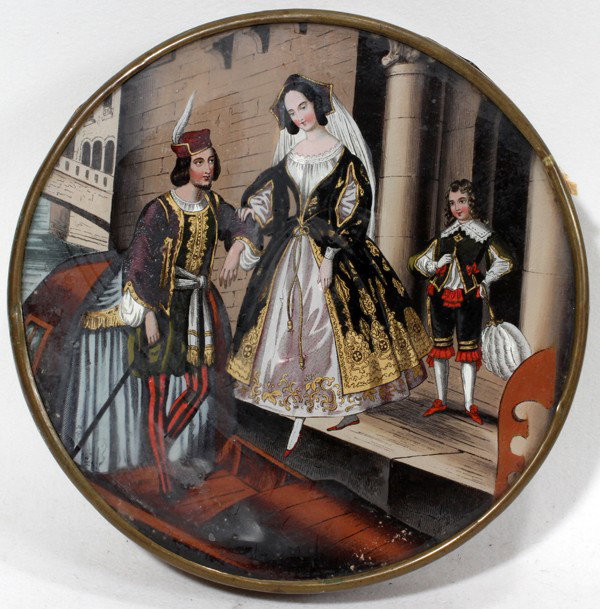 ITALIAN REVERSE PAINTED BOX, LATE 19TH C, H 1",: ITALIAN REVERSE PAINTED BOX, LATE 19TH CENTURY, H 1", DIA 6 5/8":Late Renaissance style canal scene depicts a regal woman, man and young boy boarding a gondola. No apparent markings. Brass fittings.