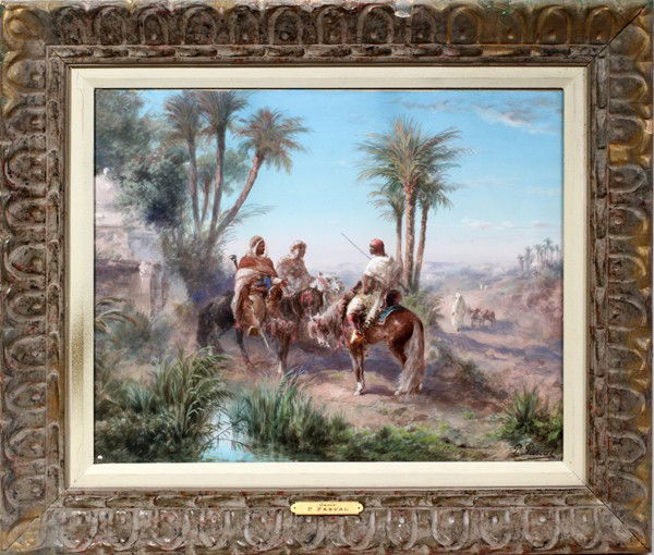 PAUL PASCAL GOUACHE, LATE 19TH C., 18" X 22",: PAUL PASCAL (1832-1903), GOUACHE, LATE 19TH C., 18" X 22", 'OASIS':An Orientalist work depicting a desert oasis with three Arabs on horseback, figures along a path in the distance; signed "P. Pascal"