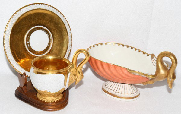 SEVRES SWAN CUP & SAUCER, W/SAUCE BOAT,: SEVRES PORCELAIN SWAN CUP & SAUCER, WITH A SWAN SAUCE BOAT, L 6 1/4":Including 1 swan-form cup with 1 matching saucer, Dia.4 3/4", each decorated with fired gold and stamped "M. Impe. E Sevres" in red