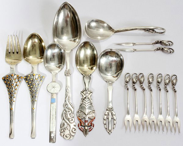 DANISH STERLING & SILVER FLATWARE, 16 PIECES,: DANISH STERLING & SILVER FLATWARE, INCLUDING GEORG JENSEN & A. MICHELSEN, 16 PIECES, L 3 1/2"-8 1/2":Miscellaneous pieces include 7 cocktail forks and 2 cocktail picks by Georg Jensen in the "Blossom"