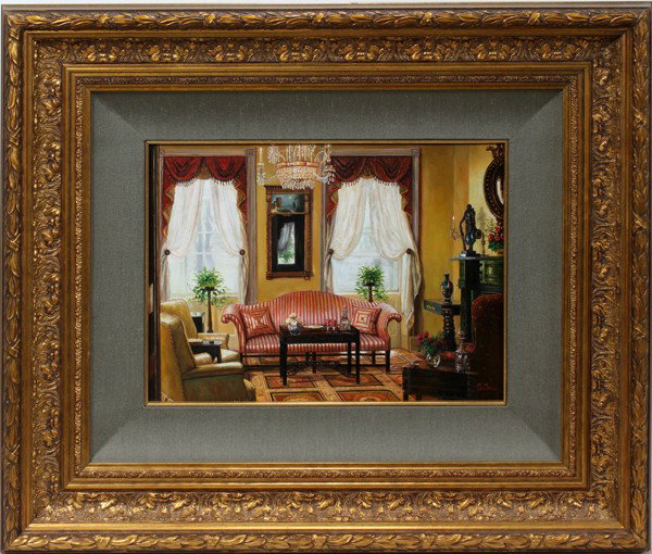S. LEE OIL ON BOARD 12" X 15", 'WHITE CURTAINS': S. LEE (20TH C.), OIL ON BOARD, 12" X 15", 'WHITE CURTAINS':An interior parlor scene with red striped sofa. Signed lower right, titled on the reverse, framed.