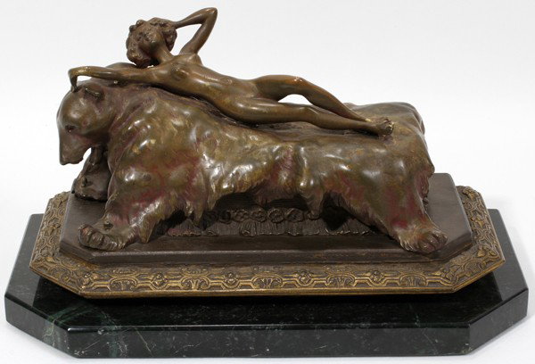 CARL KAUBA PATINATED BRONZE SCULPTURE, H 5", : CARL KAUBA (1865-1922), PATINATED BRONZE SCULPTURE, H 5", L 9", RECLINING NUDE:A nude reclining on a divan covered with a bear skin; signed "C. Kauba", raised on a marble base, H.6" x 11 1/2" x 6" ove