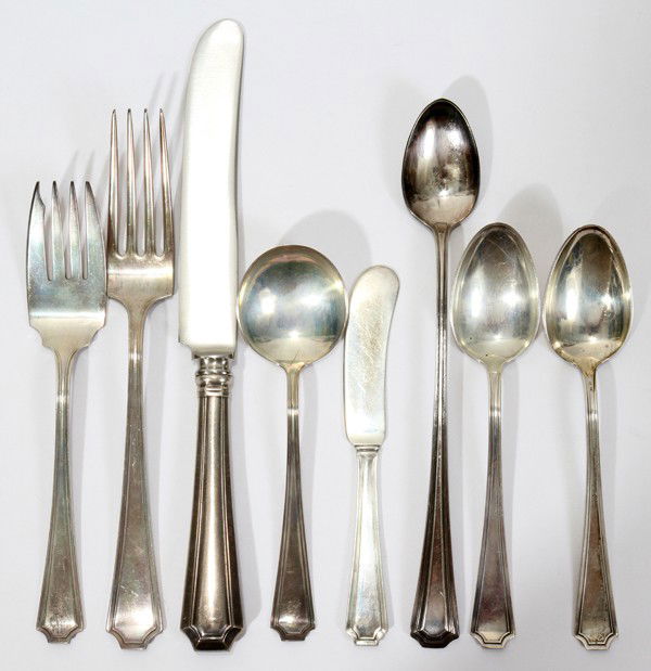 DURGIN DIV OF GORHAM FAIRFAX STERLING FLATWARE: DURGIN DIV. OF GORHAM 'FAIRFAX' STERLING FLATWARE, 48 PIECES:Includes 9 forks 7"; 9 salad forks; 9 knives 8 1/2"; 9 flat butter spreaders; 9 soup spoons, 3 teaspoons. No monogram. Plus ice tea spoons