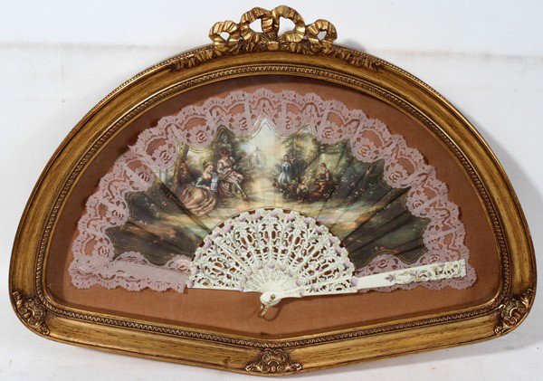 FRENCH PLEATED FAN, H 16", W 22" FRAMED: FRENCH PLEATED FAN, H 16", W 22" FRAMED:Scene by M. Korens. In shadow box.