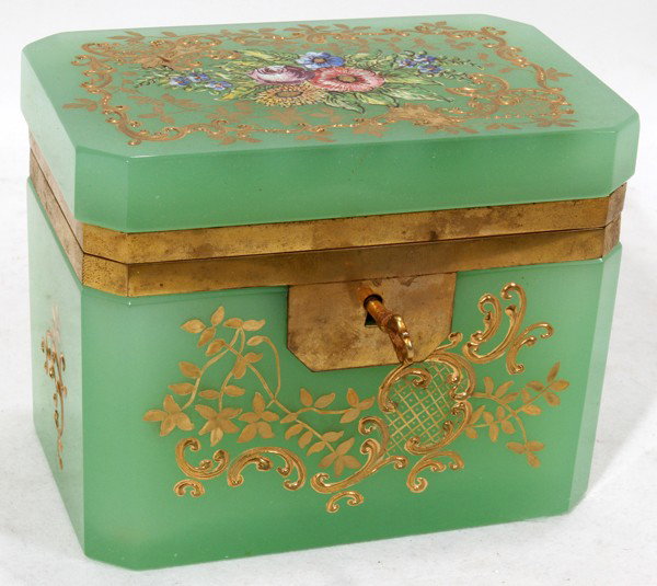 FRENCH OPALINE GLASS DRESSER BOX, H 4", W 5": FRENCH OPALINE GLASS DRESSER BOX, H 4", W 5":Brass frame, gilt scrollwork, with key.