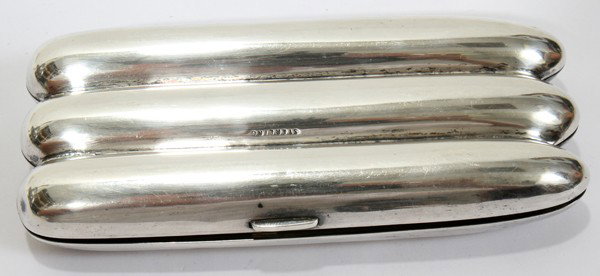 STERLING CIGAR CASE, C. 1900, W 2", L 5": STERLING CIGAR CASE, C. 1900, W 2", L 5":Hinged and in shape of three cigars. Unique.