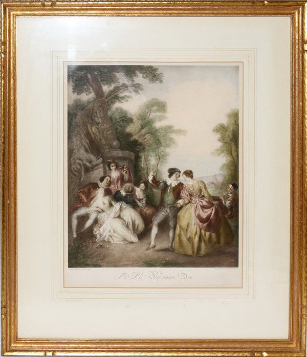 AFTER JEAN BAPTISTE JOSEPH, COLORED PRINT, : AFTER JEAN BAPTISTE JOSEPH, COLORED PRINT, 12" X 10", 'LA DANSE':Printed by Franz Hanfstaengl, Munich, under glass, matted and framed.
