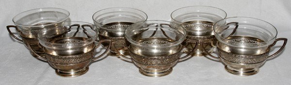 WATSON CO. STERLING CREAM SOUPS, SET OF SIX: WATSON CO. STERLING CREAM SOUPS, SET OF SIX:With non-matching glass inserts.
