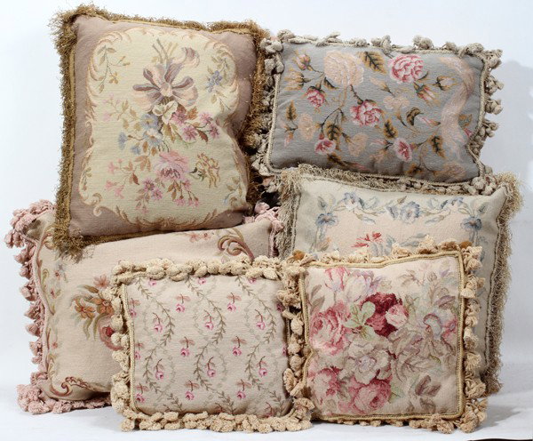 FRENCH NEEDLEPOINT AUBUSSON STYLE PILLOWS, SIX: FRENCH NEEDLEPOINT AUBUSSON STYLE PILLOWS, SIX:Hand made needlepoint. Measuring 14" x 13", and 4 measuring 20" x 18".