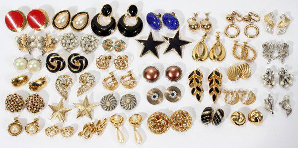 DESIGNER EARRINGS, 35 PAIRS: DESIGNER EARRINGS, 35 PAIRS:Includes Les Bernard earrings, Christian Dior earrings, Haskell earrings (blue), Napier [9 prs] earrings, Trifari [3 prs] earrings, sterling [2 prs] earrings, Givenchy earr